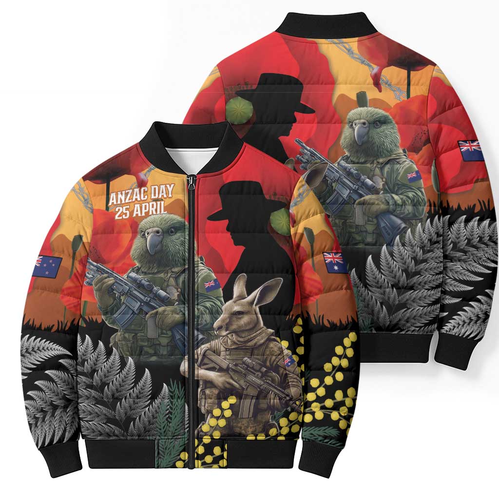 New Zealand and Australia ANZAC Day Bomber Puffer Jacket Sliver Fern Kakapo With Golden Wattle Kangaroo LT14 - Polynesian Pride