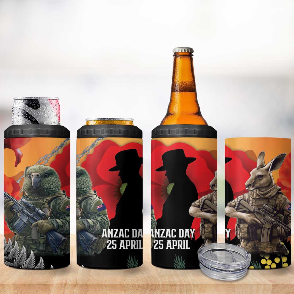 New Zealand and Australia ANZAC Day 4 in 1 Can Cooler Tumbler Sliver Fern Kakapo With Golden Wattle Kangaroo LT14 - Polynesian Pride