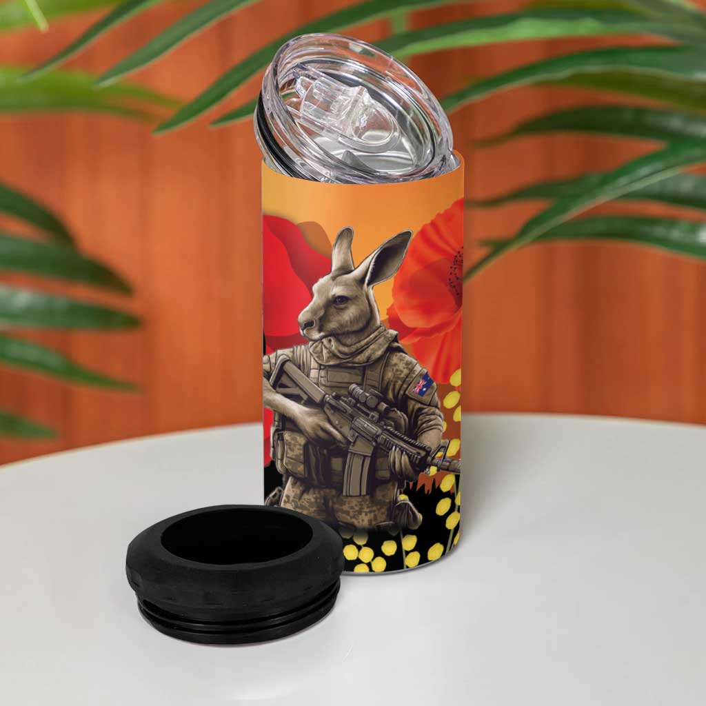New Zealand and Australia ANZAC Day 4 in 1 Can Cooler Tumbler Sliver Fern Kakapo With Golden Wattle Kangaroo LT14 - Polynesian Pride