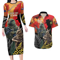 New Zealand and Australia ANZAC Day Couples Matching Long Sleeve Bodycon Dress and Hawaiian Shirt Sliver Fern Kakapo With Golden Wattle Kangaroo LT14 Gold - Polynesian Pride