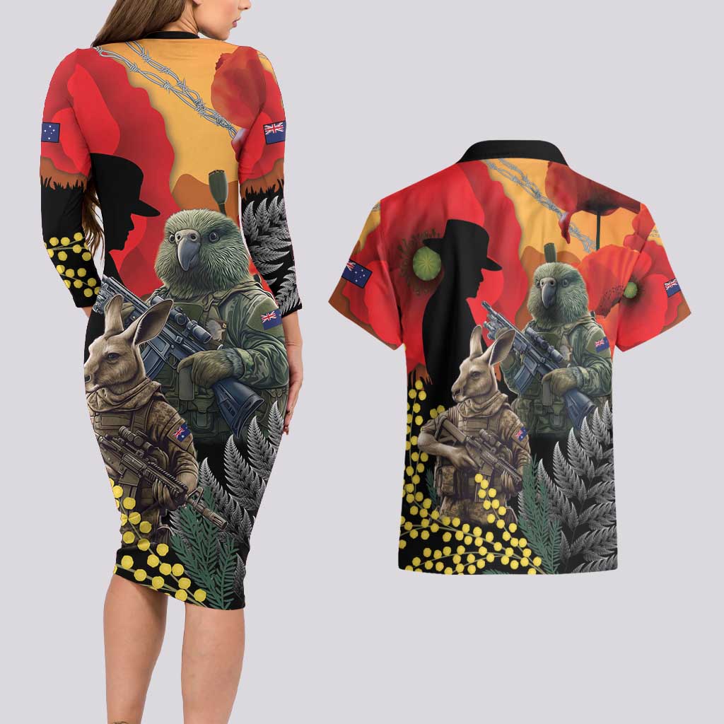 New Zealand and Australia ANZAC Day Couples Matching Long Sleeve Bodycon Dress and Hawaiian Shirt Sliver Fern Kakapo With Golden Wattle Kangaroo LT14 - Polynesian Pride