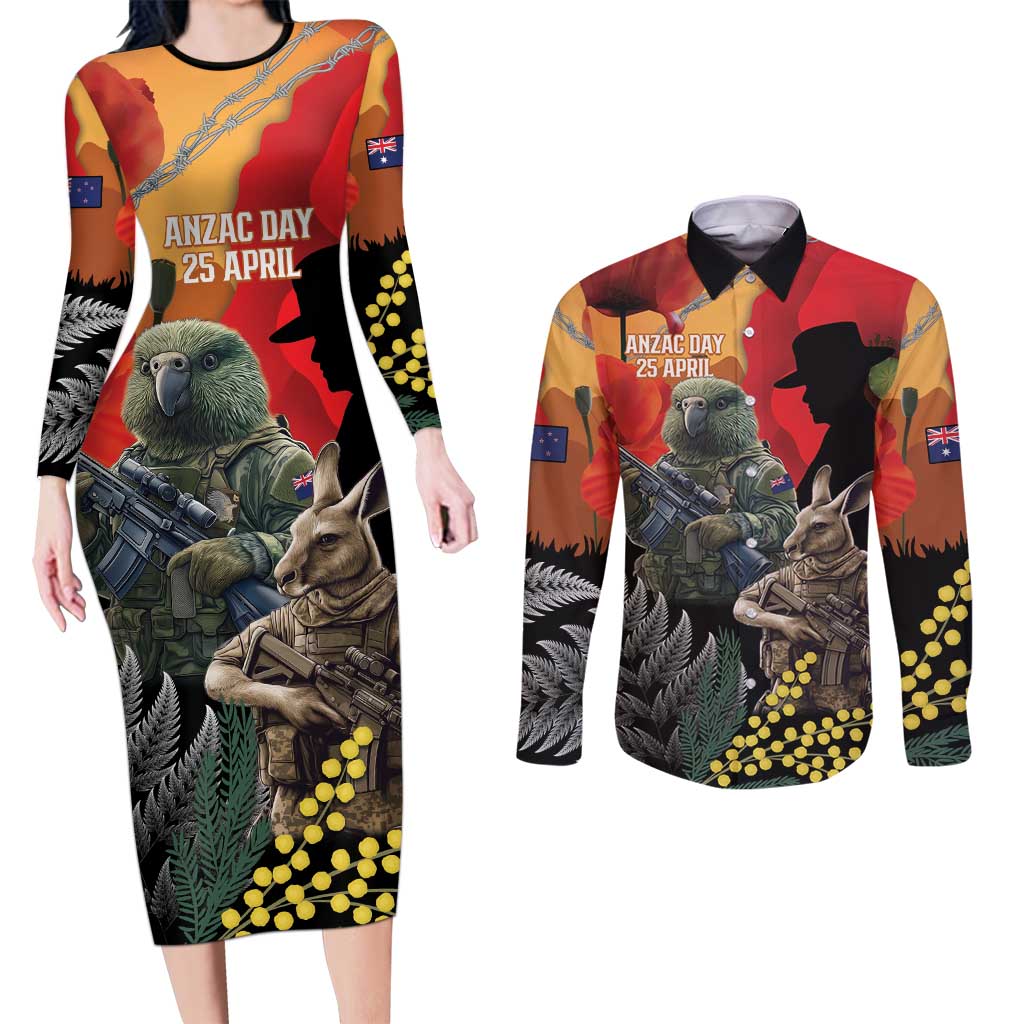 New Zealand and Australia ANZAC Day Couples Matching Long Sleeve Bodycon Dress and Long Sleeve Button Shirt Sliver Fern Kakapo With Golden Wattle Kangaroo LT14 Gold - Polynesian Pride