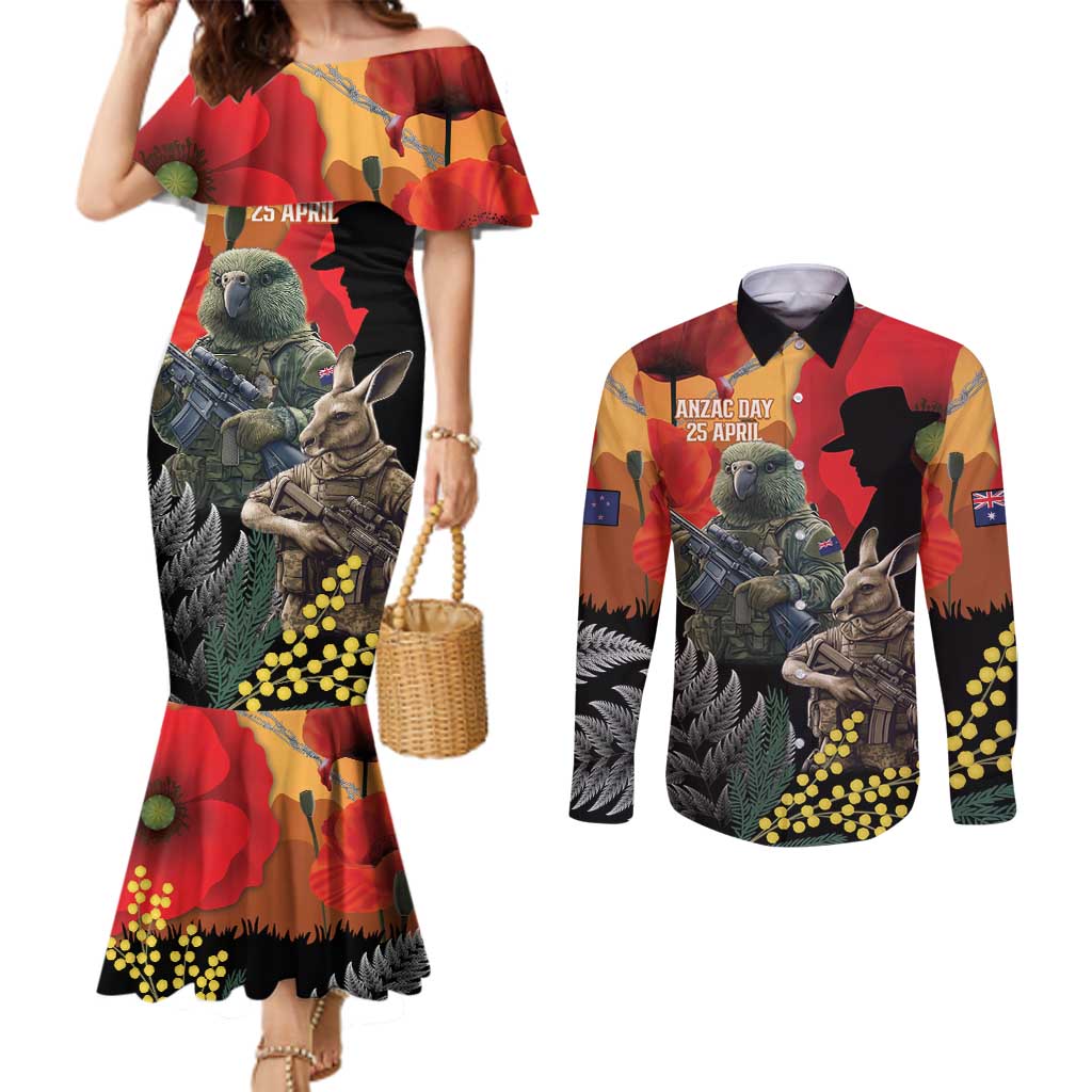 New Zealand and Australia ANZAC Day Couples Matching Mermaid Dress and Long Sleeve Button Shirt Sliver Fern Kakapo With Golden Wattle Kangaroo LT14 Gold - Polynesian Pride