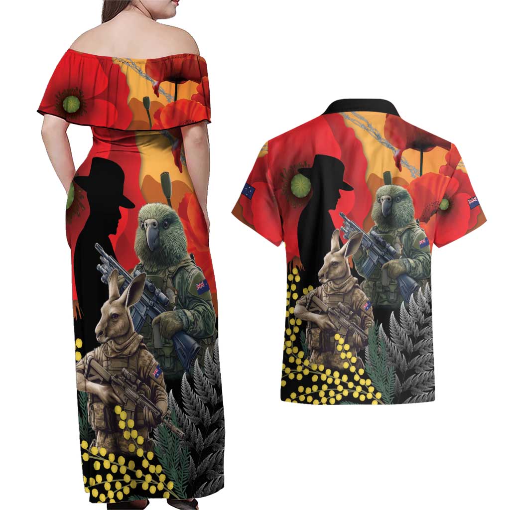 New Zealand and Australia ANZAC Day Couples Matching Off Shoulder Maxi Dress and Hawaiian Shirt Sliver Fern Kakapo With Golden Wattle Kangaroo LT14 - Polynesian Pride