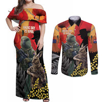 New Zealand and Australia ANZAC Day Couples Matching Off Shoulder Maxi Dress and Long Sleeve Button Shirt Sliver Fern Kakapo With Golden Wattle Kangaroo LT14 Gold - Polynesian Pride