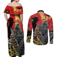 New Zealand and Australia ANZAC Day Couples Matching Off Shoulder Maxi Dress and Long Sleeve Button Shirt Sliver Fern Kakapo With Golden Wattle Kangaroo LT14 - Polynesian Pride