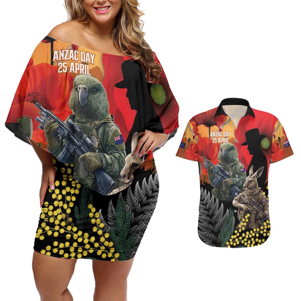New Zealand and Australia ANZAC Day Couples Matching Off Shoulder Short Dress and Hawaiian Shirt Sliver Fern Kakapo With Golden Wattle Kangaroo LT14 Gold - Polynesian Pride