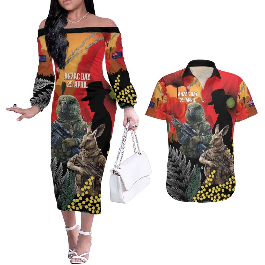 New Zealand and Australia ANZAC Day Couples Matching Off The Shoulder Long Sleeve Dress and Hawaiian Shirt Sliver Fern Kakapo With Golden Wattle Kangaroo LT14 Gold - Polynesian Pride