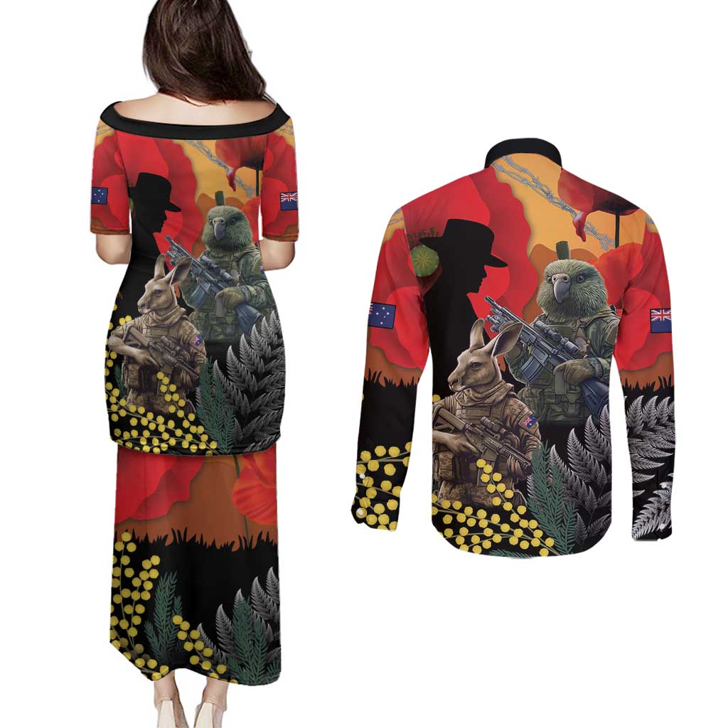 New Zealand and Australia ANZAC Day Couples Matching Puletasi and Long Sleeve Button Shirt Sliver Fern Kakapo With Golden Wattle Kangaroo LT14 - Polynesian Pride