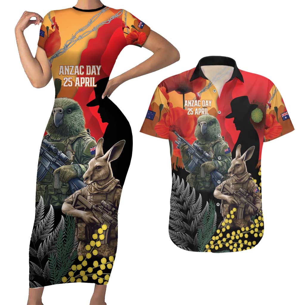New Zealand and Australia ANZAC Day Couples Matching Short Sleeve Bodycon Dress and Hawaiian Shirt Sliver Fern Kakapo With Golden Wattle Kangaroo LT14 Gold - Polynesian Pride