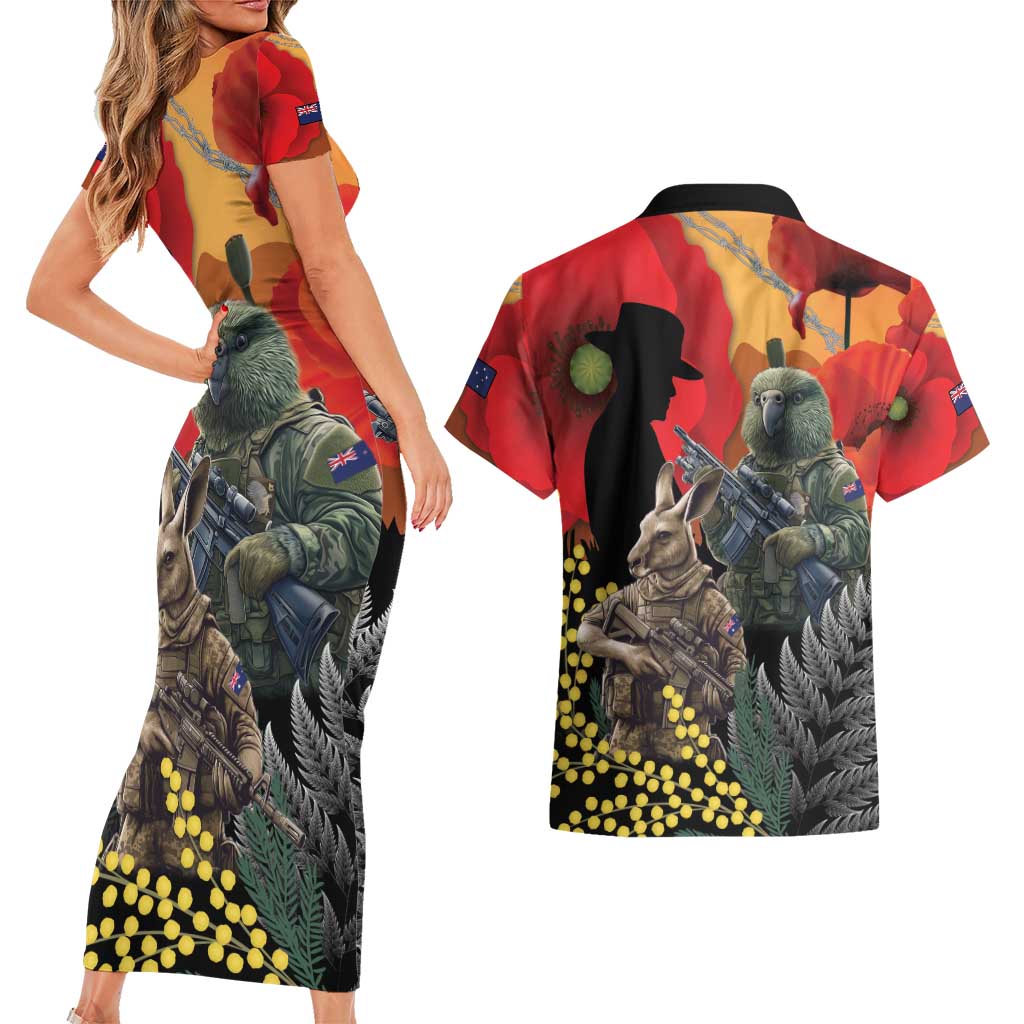 New Zealand and Australia ANZAC Day Couples Matching Short Sleeve Bodycon Dress and Hawaiian Shirt Sliver Fern Kakapo With Golden Wattle Kangaroo LT14 - Polynesian Pride