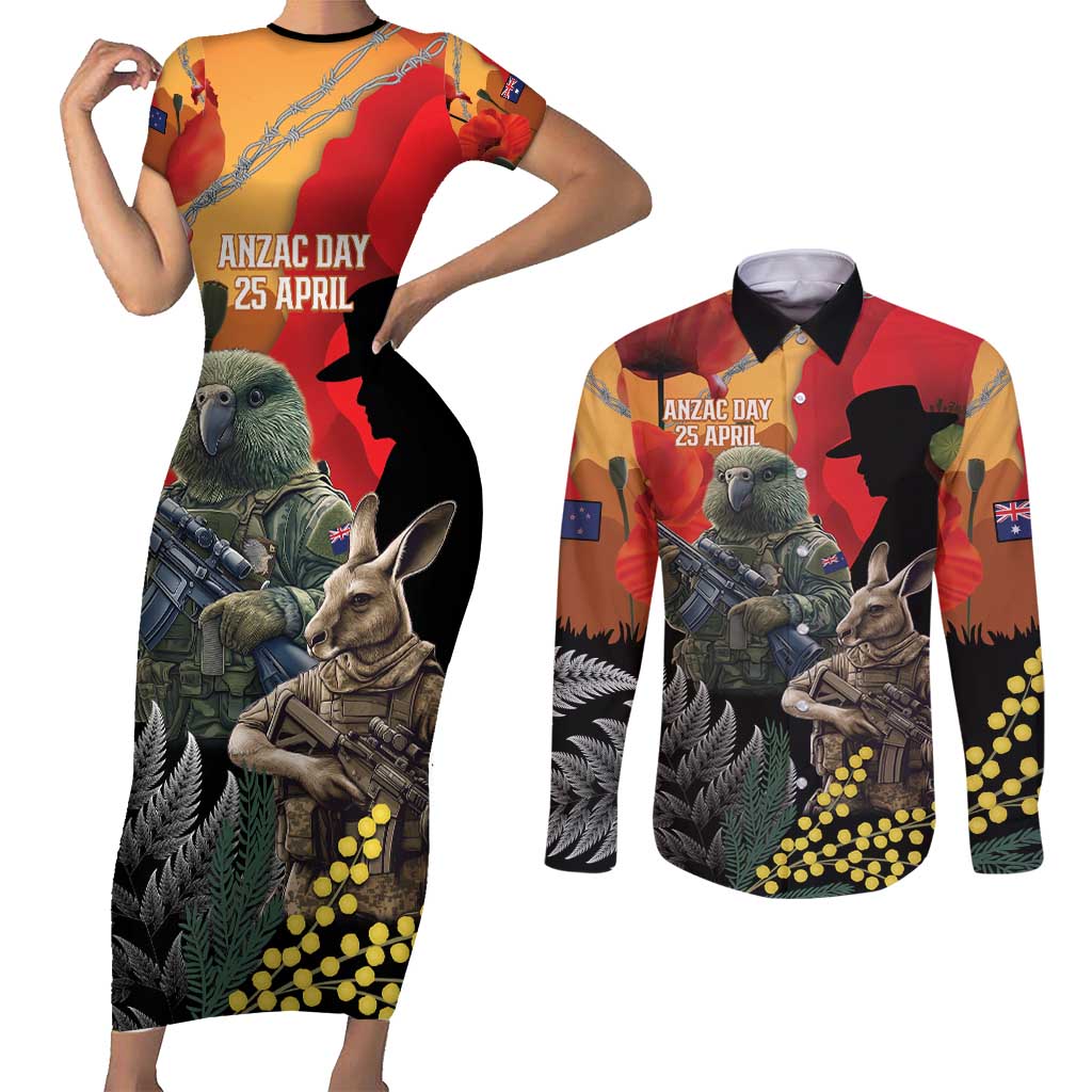New Zealand and Australia ANZAC Day Couples Matching Short Sleeve Bodycon Dress and Long Sleeve Button Shirt Sliver Fern Kakapo With Golden Wattle Kangaroo LT14 Gold - Polynesian Pride