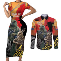 New Zealand and Australia ANZAC Day Couples Matching Short Sleeve Bodycon Dress and Long Sleeve Button Shirt Sliver Fern Kakapo With Golden Wattle Kangaroo LT14 Gold - Polynesian Pride