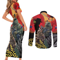New Zealand and Australia ANZAC Day Couples Matching Short Sleeve Bodycon Dress and Long Sleeve Button Shirt Sliver Fern Kakapo With Golden Wattle Kangaroo LT14 - Polynesian Pride