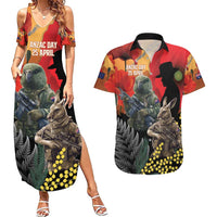New Zealand and Australia ANZAC Day Couples Matching Summer Maxi Dress and Hawaiian Shirt Sliver Fern Kakapo With Golden Wattle Kangaroo LT14 Gold - Polynesian Pride