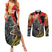 New Zealand and Australia ANZAC Day Couples Matching Summer Maxi Dress and Long Sleeve Button Shirt Sliver Fern Kakapo With Golden Wattle Kangaroo LT14 Gold - Polynesian Pride