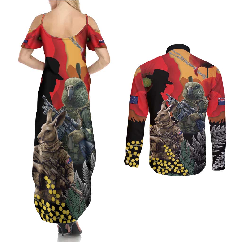 New Zealand and Australia ANZAC Day Couples Matching Summer Maxi Dress and Long Sleeve Button Shirt Sliver Fern Kakapo With Golden Wattle Kangaroo LT14 - Polynesian Pride