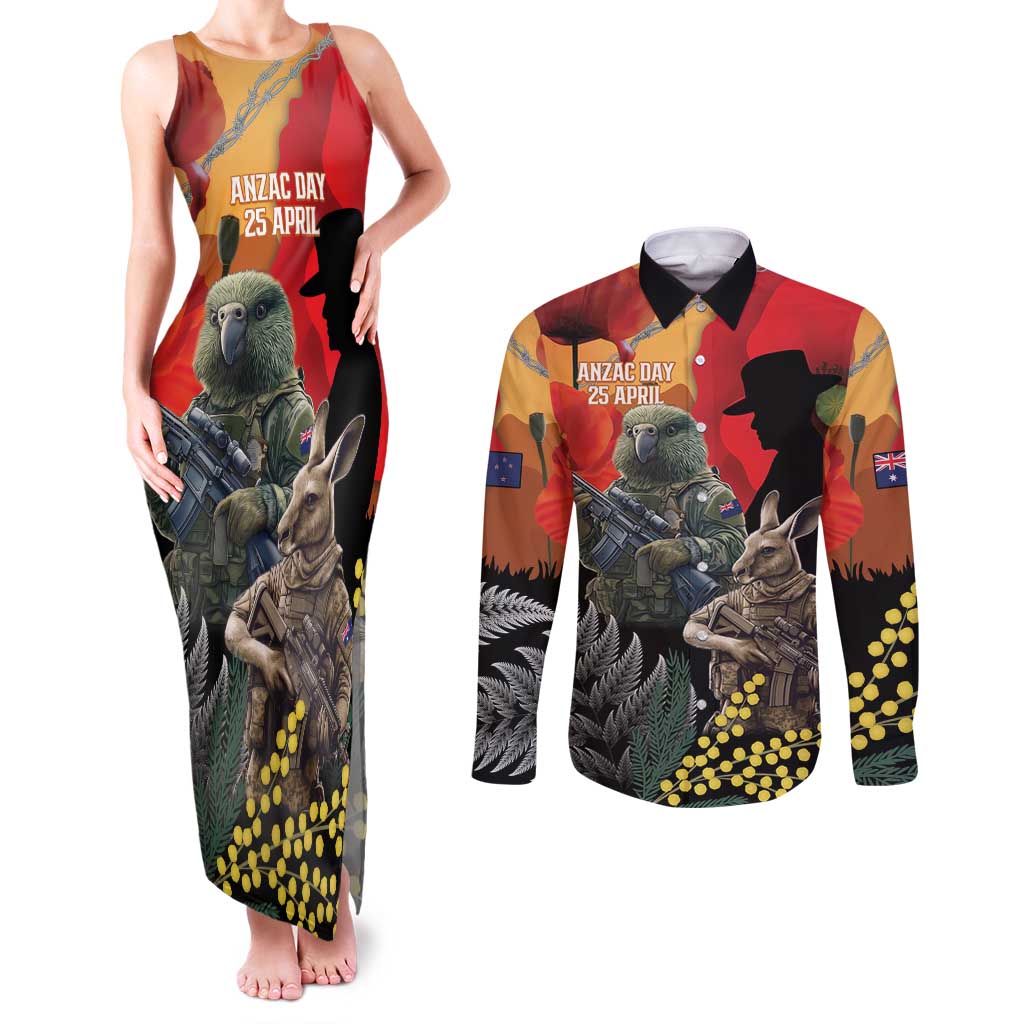 New Zealand and Australia ANZAC Day Couples Matching Tank Maxi Dress and Long Sleeve Button Shirt Sliver Fern Kakapo With Golden Wattle Kangaroo LT14 Gold - Polynesian Pride