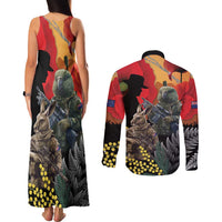 New Zealand and Australia ANZAC Day Couples Matching Tank Maxi Dress and Long Sleeve Button Shirt Sliver Fern Kakapo With Golden Wattle Kangaroo LT14 - Polynesian Pride