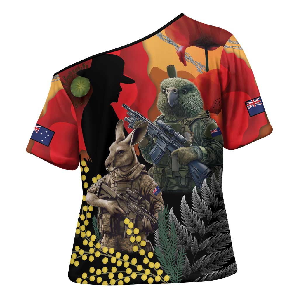 New Zealand and Australia ANZAC Day Cross Shoulder Shirt Sliver Fern Kakapo With Golden Wattle Kangaroo LT14 - Polynesian Pride