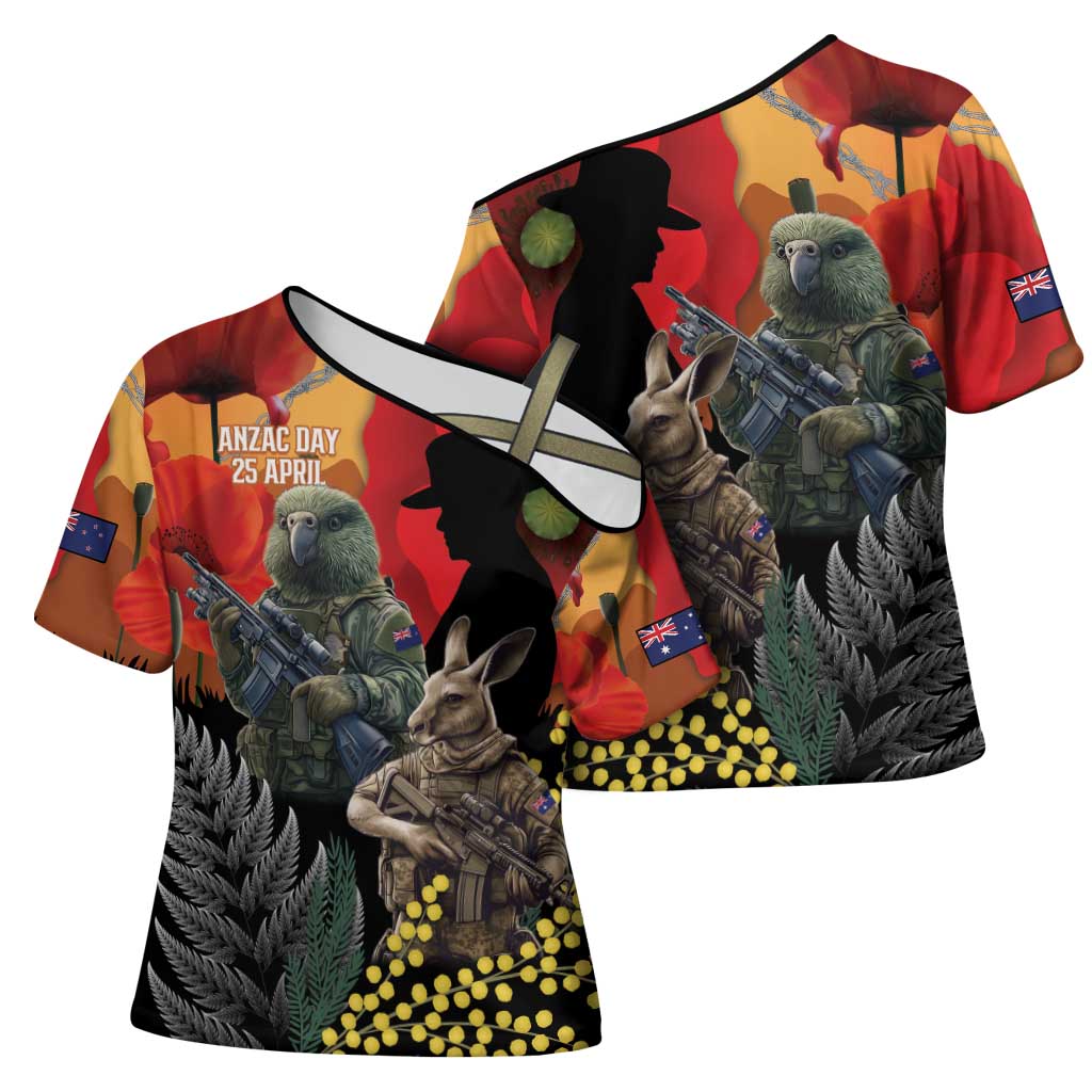 New Zealand and Australia ANZAC Day Cross Shoulder Shirt Sliver Fern Kakapo With Golden Wattle Kangaroo LT14 - Polynesian Pride