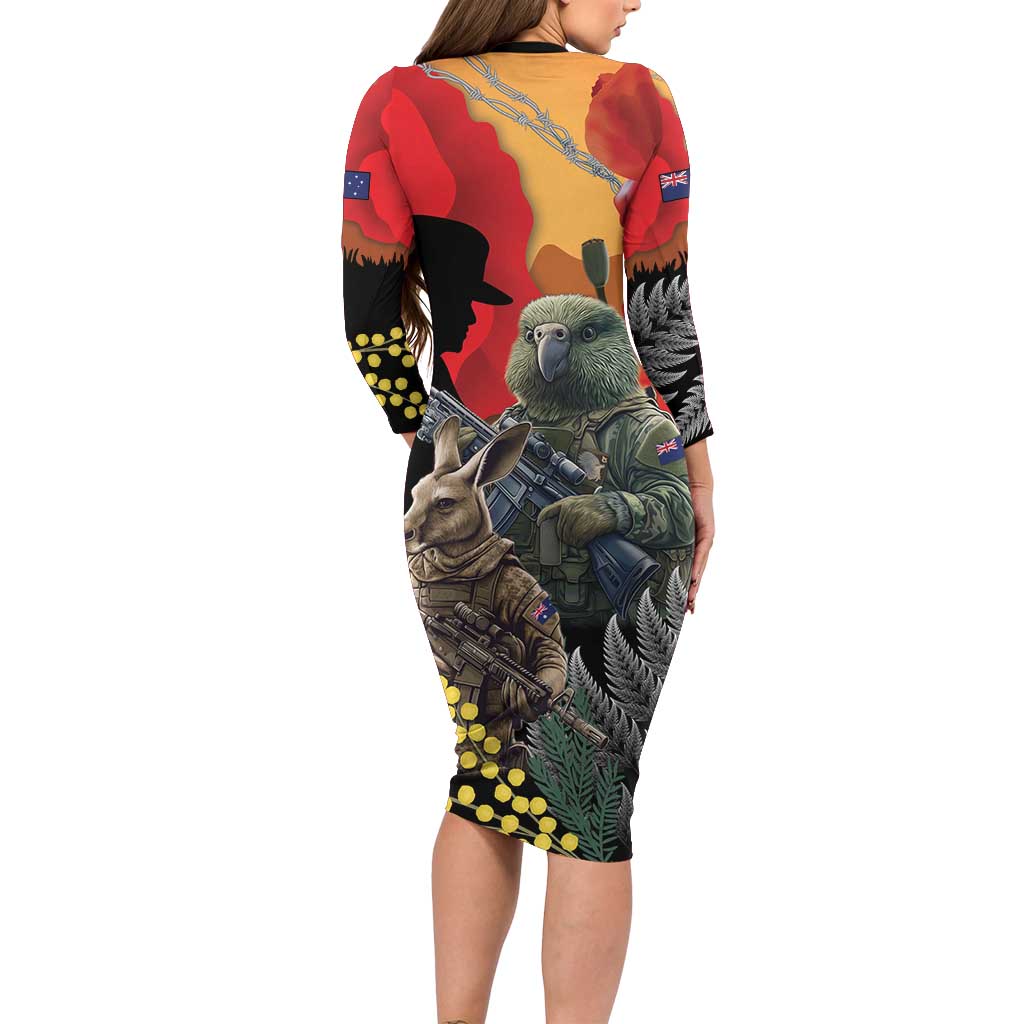 New Zealand and Australia ANZAC Day Family Matching Long Sleeve Bodycon Dress and Hawaiian Shirt Sliver Fern Kakapo With Golden Wattle Kangaroo LT14 - Polynesian Pride