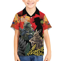 New Zealand and Australia ANZAC Day Family Matching Long Sleeve Bodycon Dress and Hawaiian Shirt Sliver Fern Kakapo With Golden Wattle Kangaroo LT14 Son's Shirt Gold - Polynesian Pride