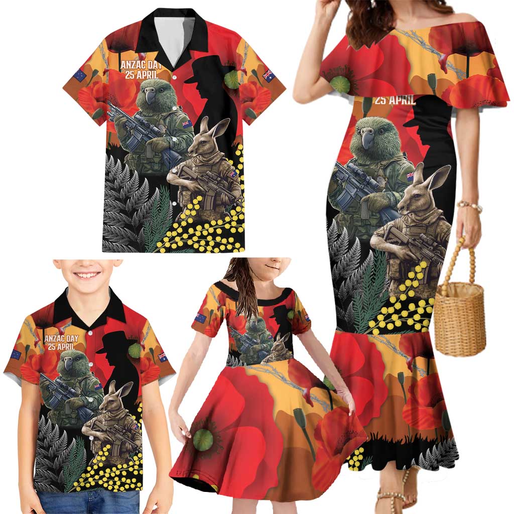 New Zealand and Australia ANZAC Day Family Matching Mermaid Dress and Hawaiian Shirt Sliver Fern Kakapo With Golden Wattle Kangaroo LT14 - Polynesian Pride