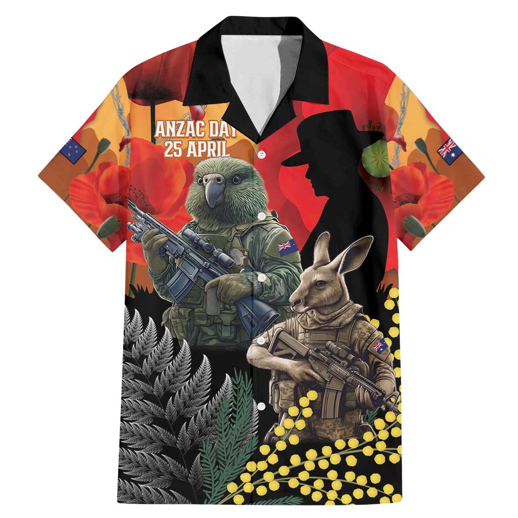 New Zealand and Australia ANZAC Day Family Matching Mermaid Dress and Hawaiian Shirt Sliver Fern Kakapo With Golden Wattle Kangaroo LT14 Dad's Shirt - Short Sleeve Gold - Polynesian Pride