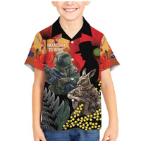 New Zealand and Australia ANZAC Day Family Matching Mermaid Dress and Hawaiian Shirt Sliver Fern Kakapo With Golden Wattle Kangaroo LT14 Son's Shirt Gold - Polynesian Pride