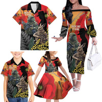 New Zealand and Australia ANZAC Day Family Matching Off The Shoulder Long Sleeve Dress and Hawaiian Shirt Sliver Fern Kakapo With Golden Wattle Kangaroo LT14 - Polynesian Pride
