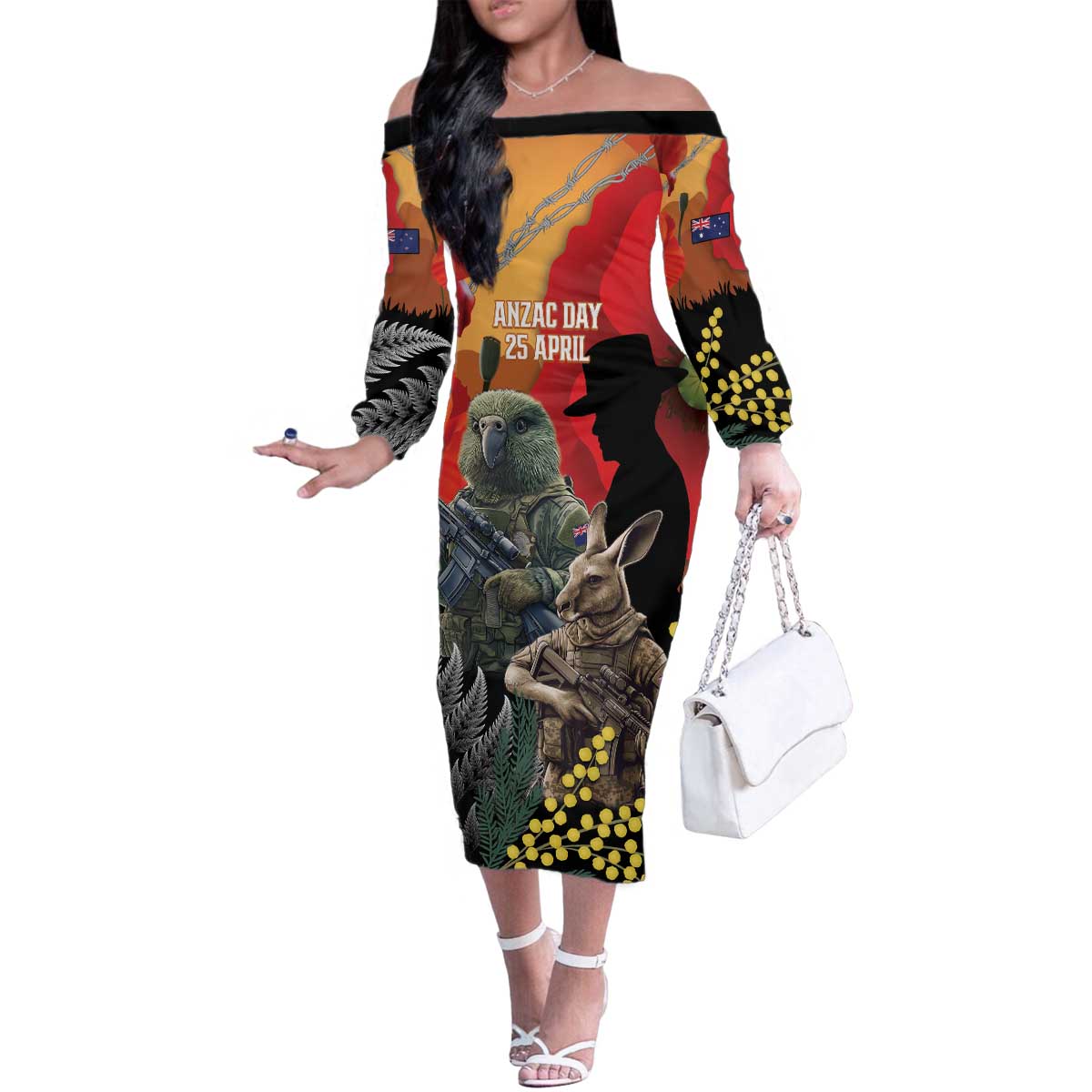 New Zealand and Australia ANZAC Day Family Matching Off The Shoulder Long Sleeve Dress and Hawaiian Shirt Sliver Fern Kakapo With Golden Wattle Kangaroo LT14 Mom's Dress Gold - Polynesian Pride