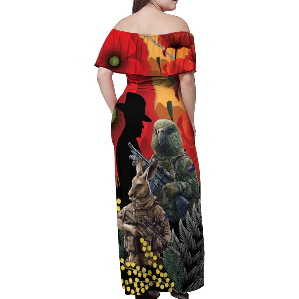 New Zealand and Australia ANZAC Day Family Matching Off Shoulder Maxi Dress and Hawaiian Shirt Sliver Fern Kakapo With Golden Wattle Kangaroo LT14 - Polynesian Pride