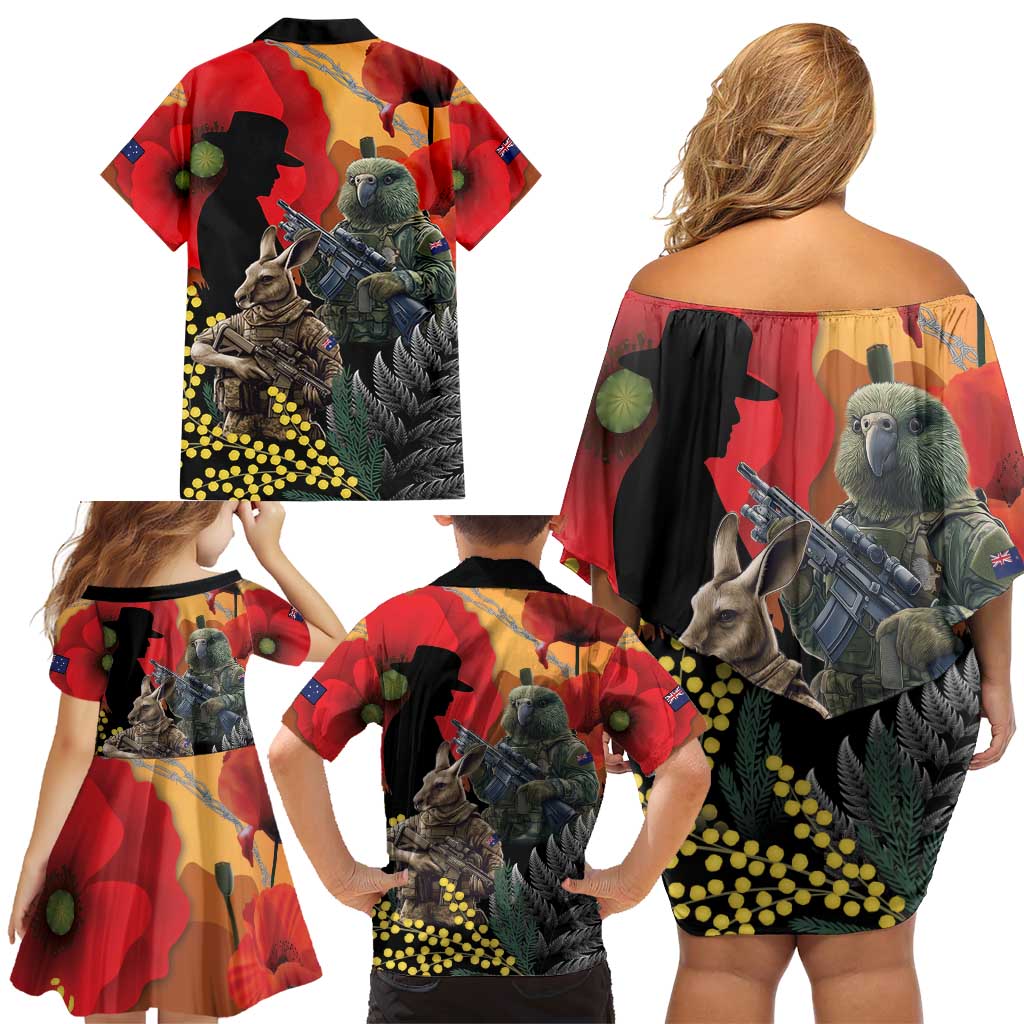 New Zealand and Australia ANZAC Day Family Matching Off Shoulder Short Dress and Hawaiian Shirt Sliver Fern Kakapo With Golden Wattle Kangaroo LT14 - Polynesian Pride