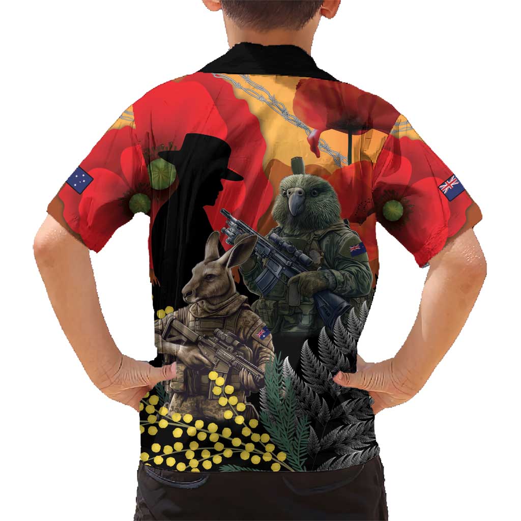 New Zealand and Australia ANZAC Day Family Matching Short Sleeve Bodycon Dress and Hawaiian Shirt Sliver Fern Kakapo With Golden Wattle Kangaroo LT14 - Polynesian Pride