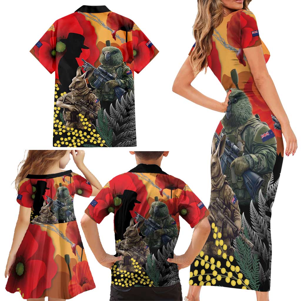 New Zealand and Australia ANZAC Day Family Matching Short Sleeve Bodycon Dress and Hawaiian Shirt Sliver Fern Kakapo With Golden Wattle Kangaroo LT14 - Polynesian Pride