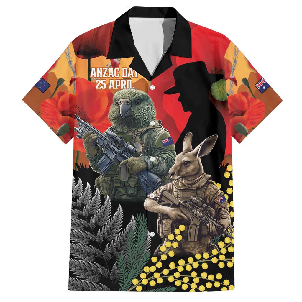 New Zealand and Australia ANZAC Day Family Matching Short Sleeve Bodycon Dress and Hawaiian Shirt Sliver Fern Kakapo With Golden Wattle Kangaroo LT14 Dad's Shirt - Short Sleeve Gold - Polynesian Pride
