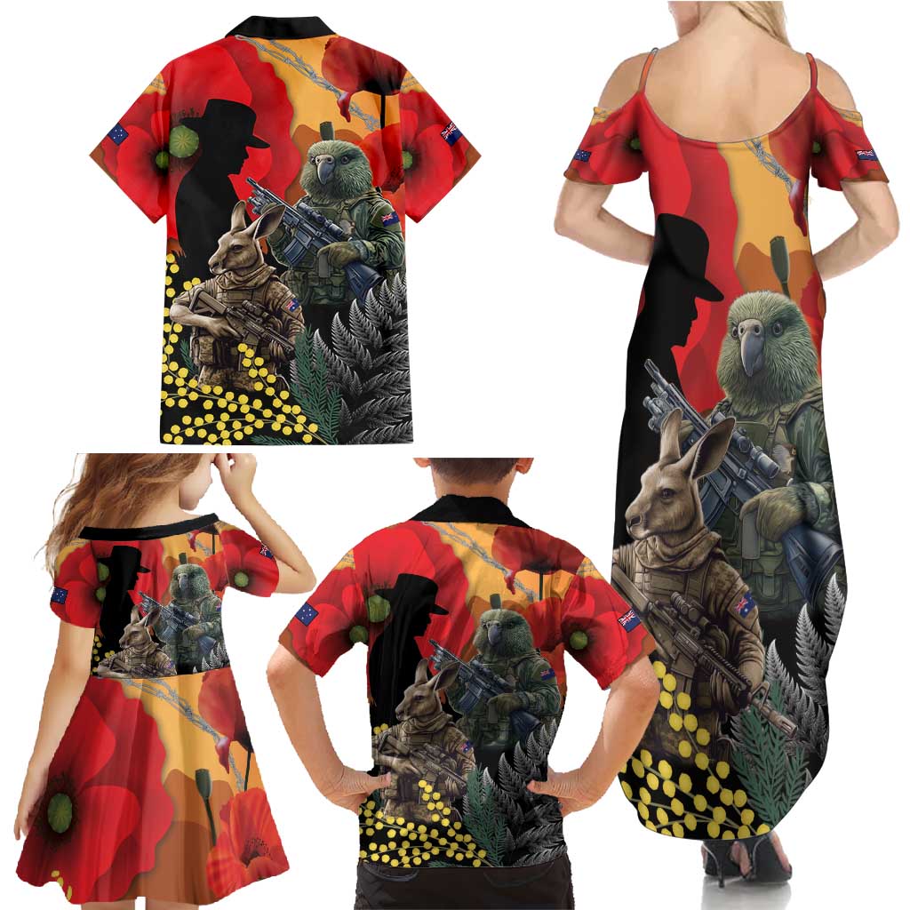 New Zealand and Australia ANZAC Day Family Matching Summer Maxi Dress and Hawaiian Shirt Sliver Fern Kakapo With Golden Wattle Kangaroo LT14 - Polynesian Pride