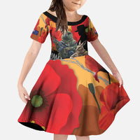 New Zealand and Australia ANZAC Day Family Matching Tank Maxi Dress and Hawaiian Shirt Sliver Fern Kakapo With Golden Wattle Kangaroo LT14 Daughter's Dress Gold - Polynesian Pride