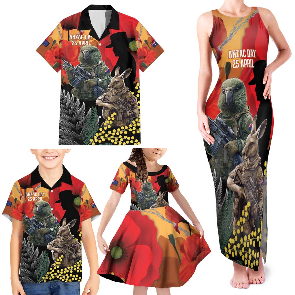 New Zealand and Australia ANZAC Day Family Matching Tank Maxi Dress and Hawaiian Shirt Sliver Fern Kakapo With Golden Wattle Kangaroo LT14 - Polynesian Pride