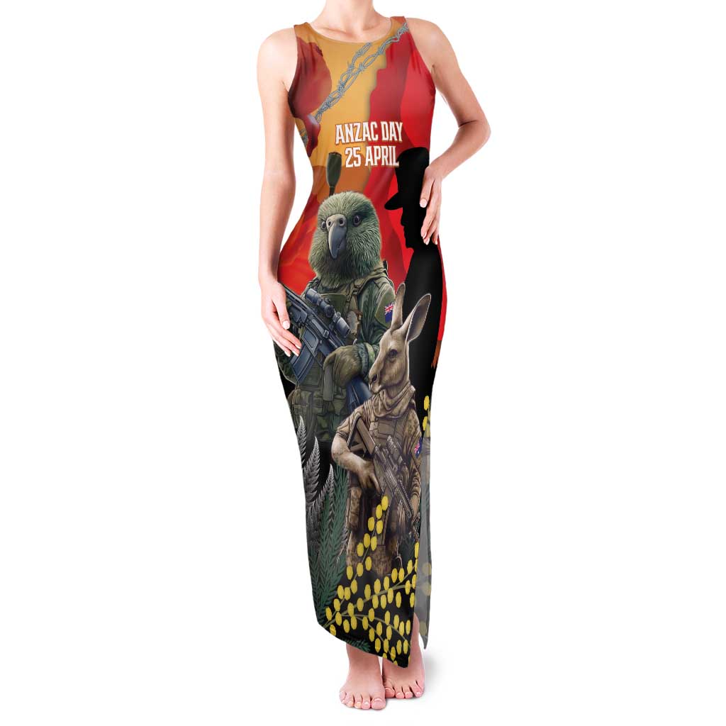 New Zealand and Australia ANZAC Day Family Matching Tank Maxi Dress and Hawaiian Shirt Sliver Fern Kakapo With Golden Wattle Kangaroo LT14 Mom's Dress Gold - Polynesian Pride