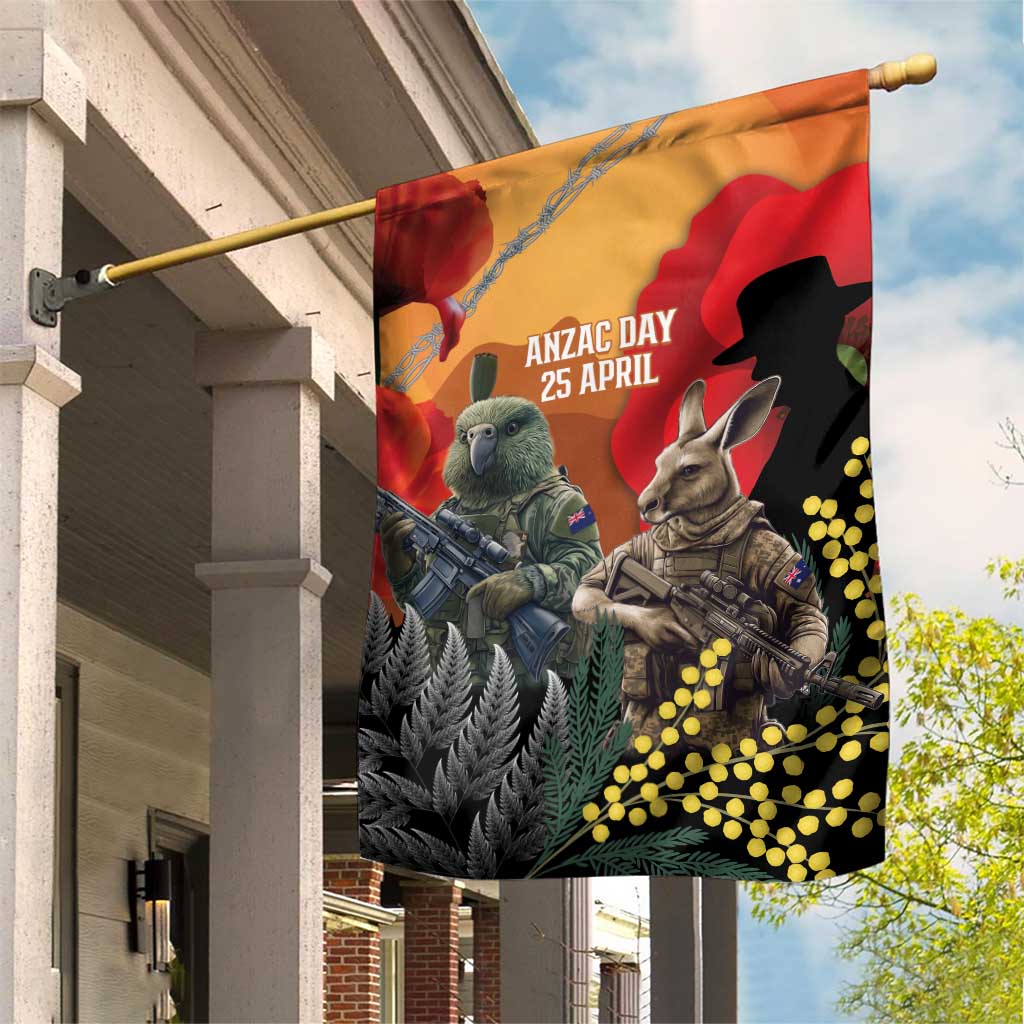 New Zealand and Australia ANZAC Day Garden Flag Sliver Fern Kakapo With Golden Wattle Kangaroo LT14 House Flag Gold - Polynesian Pride