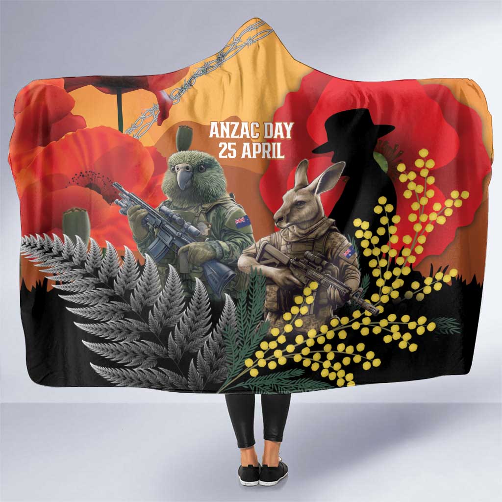 New Zealand and Australia ANZAC Day Hooded Blanket Sliver Fern Kakapo With Golden Wattle Kangaroo LT14 One Size Gold - Polynesian Pride