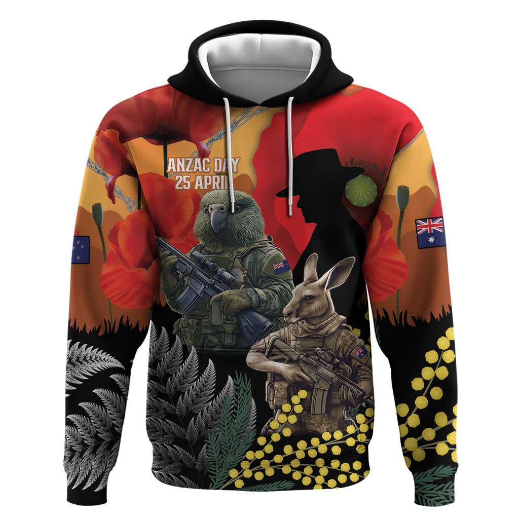 New Zealand and Australia ANZAC Day Hoodie Sliver Fern Kakapo With Golden Wattle Kangaroo LT14 Pullover Hoodie Gold - Polynesian Pride