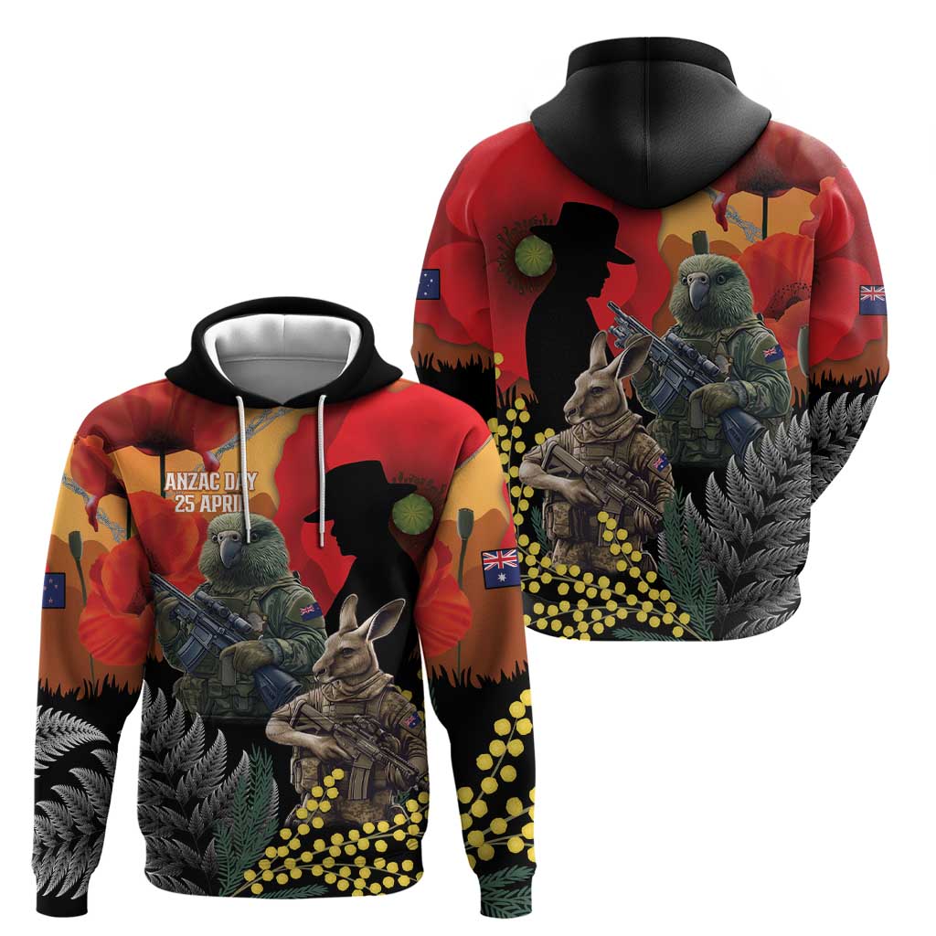 New Zealand and Australia ANZAC Day Hoodie Sliver Fern Kakapo With Golden Wattle Kangaroo LT14 - Polynesian Pride