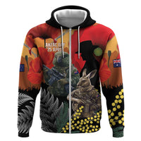 New Zealand and Australia ANZAC Day Hoodie Sliver Fern Kakapo With Golden Wattle Kangaroo LT14 Zip Hoodie Gold - Polynesian Pride