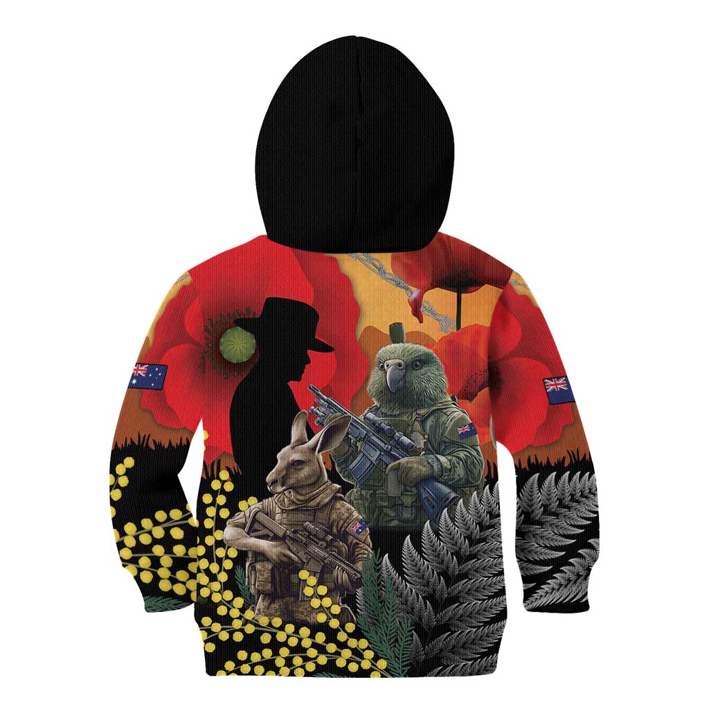 New Zealand and Australia ANZAC Day Kid Hoodie Sliver Fern Kakapo With Golden Wattle Kangaroo LT14 - Polynesian Pride