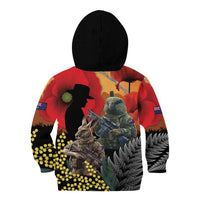 New Zealand and Australia ANZAC Day Kid Hoodie Sliver Fern Kakapo With Golden Wattle Kangaroo LT14 - Polynesian Pride