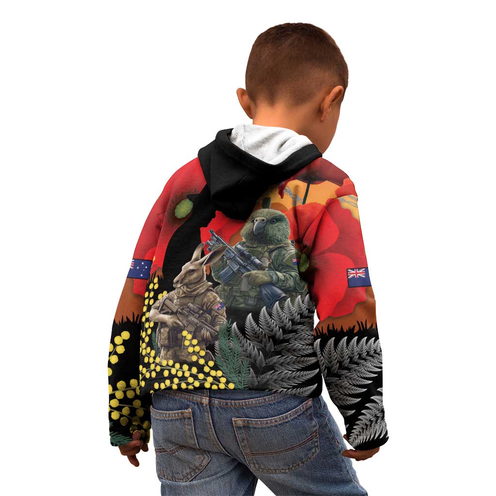 New Zealand and Australia ANZAC Day Kid Hoodie Sliver Fern Kakapo With Golden Wattle Kangaroo LT14 - Polynesian Pride