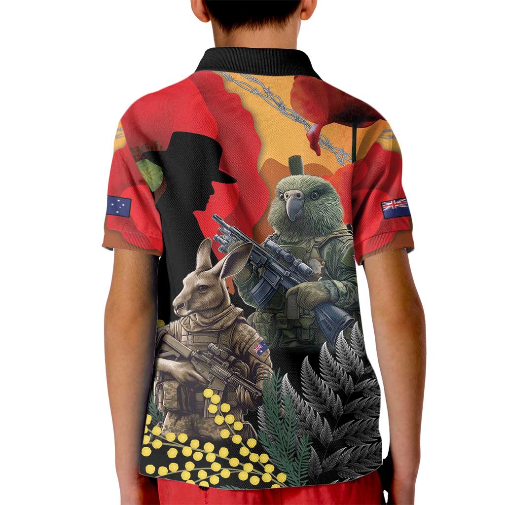 New Zealand and Australia ANZAC Day Kid Polo Shirt Sliver Fern Kakapo With Golden Wattle Kangaroo LT14 - Polynesian Pride